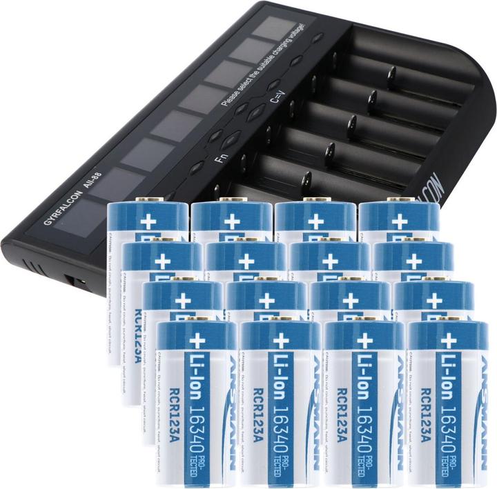 AccuCell 8x quick charger and 16 pcs CR123A Li-ion battery pack (1 pcs., CR123A, 760 mAh, Battery + charger)