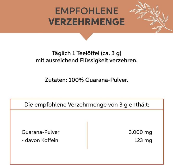 Valeurs nutritives et ingrédients Eltabia Poudre de guarana du Brésil | Caféine naturelle en qualité crudité premium pour remplacer le café (Poudre)