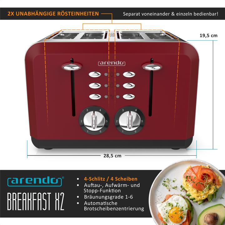 Produktbild Arendo Edelstahl Toaster 4 Scheiben, Automatik, Edelstahl, Wärmeisolierendes Doppelwandgehäuse, rot