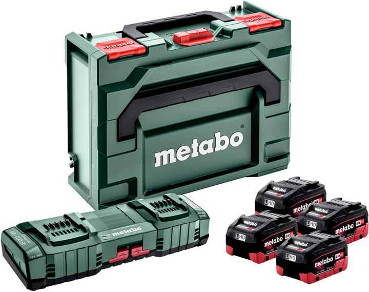 4x Metabo LiHD battery pack 18 V 10.0 Ah CAS system ( 625549000 ), 1x Metabo ASC 145 DUO double charger ( 627495000 ), 1x Metabo metaBOX, 1x matching insert
