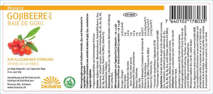 Valori nutrizionali e ingredienti Biosana Bacche di Goji più 4g (70 Pezzo/i, Pillole, 280 g)