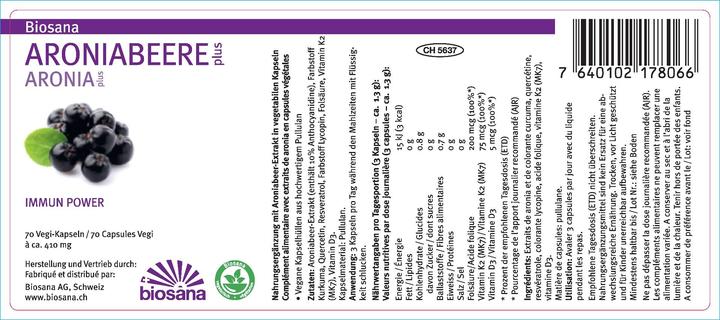 Valori nutrizionali e ingredienti Biosana Aroniabeere Plus (70 Pezzo/i, Pillole, 28 g)