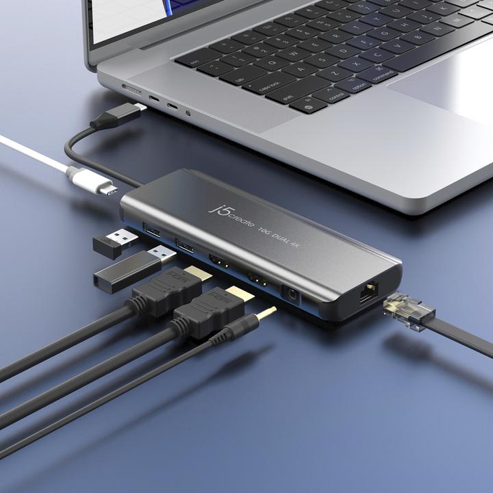 Immagine prodotto j5Create JCD398-N, Cablato, USB 3.2 Gen 2 (3.1 Gen 2) Type-C, 100 W, 10,100,1000 Mbit/s, Grigio, Spa (2 Porti)