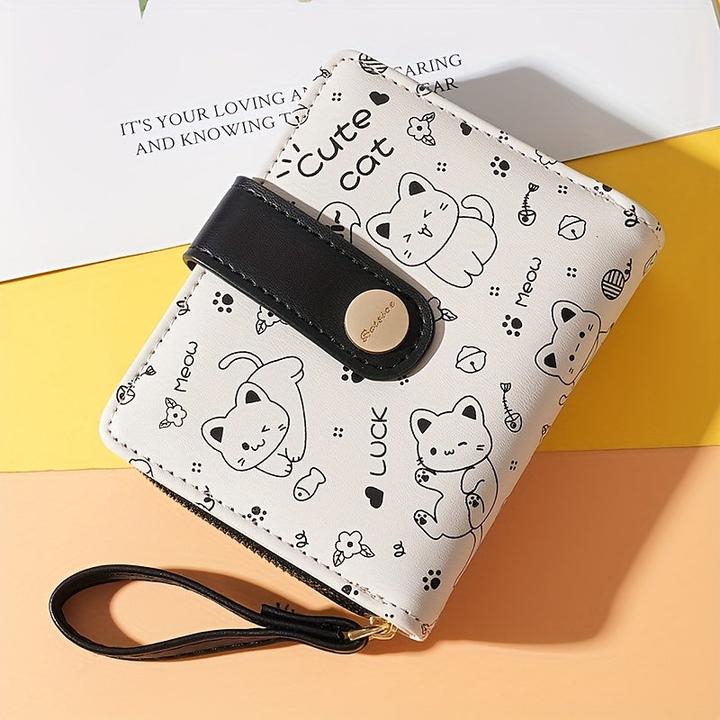 Only-Bags.Store Portafoglio corto con motivo a gatto, frizione, portamonete, mini porta carte di credito