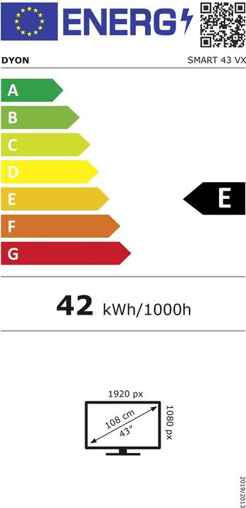 Energy Label Dyon SMART 43 VX LED TV 108cm 43 inch EEK E (A - G) DVB-S2, DVB-C, DVB-T2, CI+, Full HD, Smart TV (43", LED, Full HD)