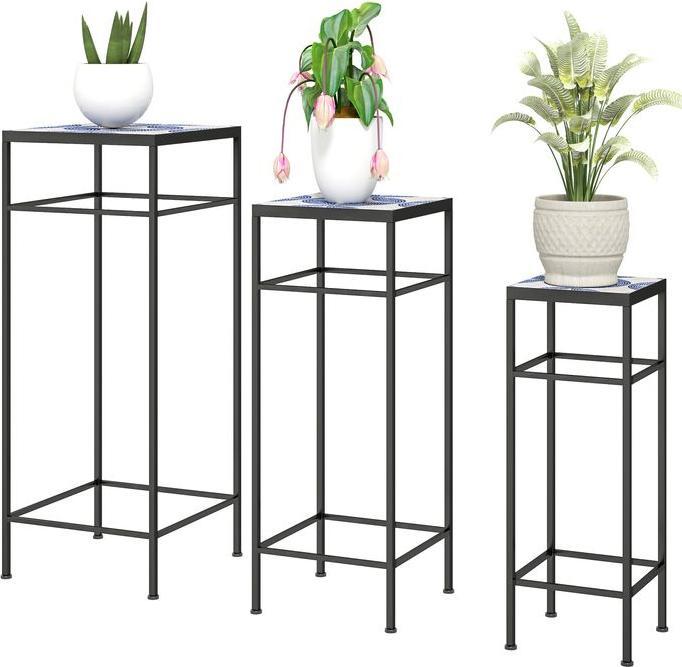 Image du produit Swisshandel24 3er-Set Pflanzenständer, 71 cm hoch, Pflanzenregal aus Metall, Blau+Weiss