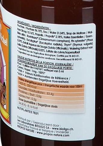 Valeurs nutritives et ingrédients Bioligo POE 20 Sirop du Père Michel (1 pièce(s), Liquide, 923 g)