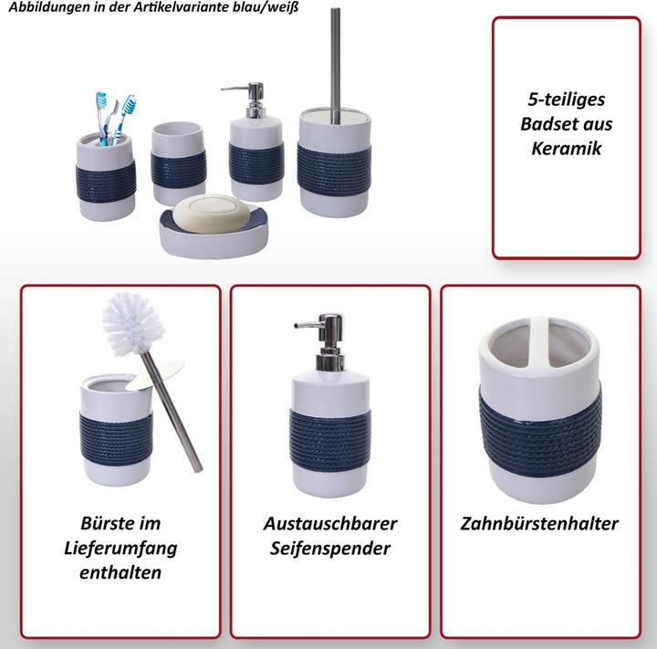 Actual product image Swisshandel24 5-piece bathroom set, WC set Bathroom accessories, ceramic - blue/white