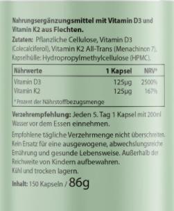 Nährwerte und Zutaten Biotanicals Vitamin D3 + K2 150 Kapseln (150 Stück, Kapseln, 86 g)