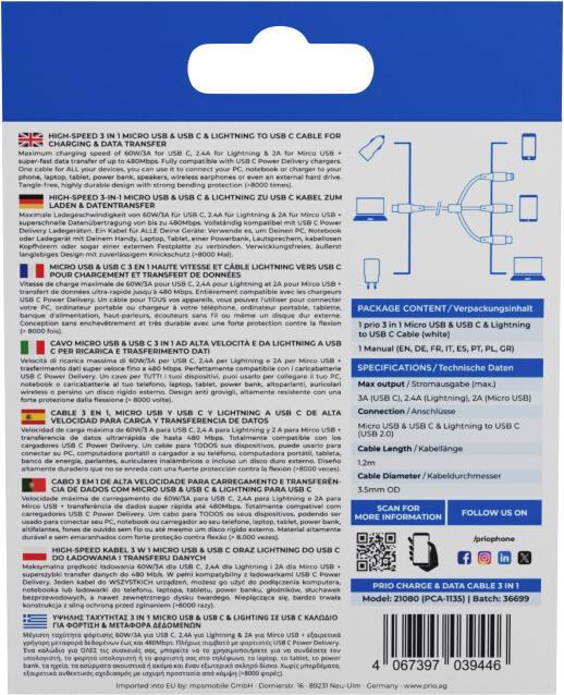 Productafbeelding prio 3 in 1 oplaadkabel (1.20 m, USB 2.0)