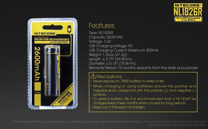 Image du produit Nitecore 18650 Batterie USB 2600mAh NL1826r