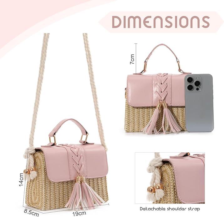 Immagine prodotto Only-Bags.Store Borse di paglia intrecciata con decorazioni di nappe, mini borsa da spiaggia con cinturino, manico
