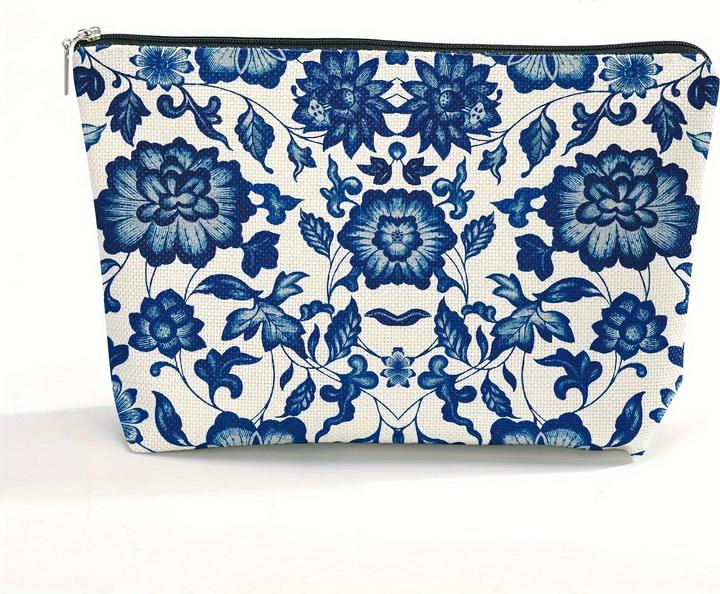 Only-Bags.Store Chic Blau & Weiss Porzellan Floral Kosmetiktasche für Frauen - wasserdicht, grosse Kapazität