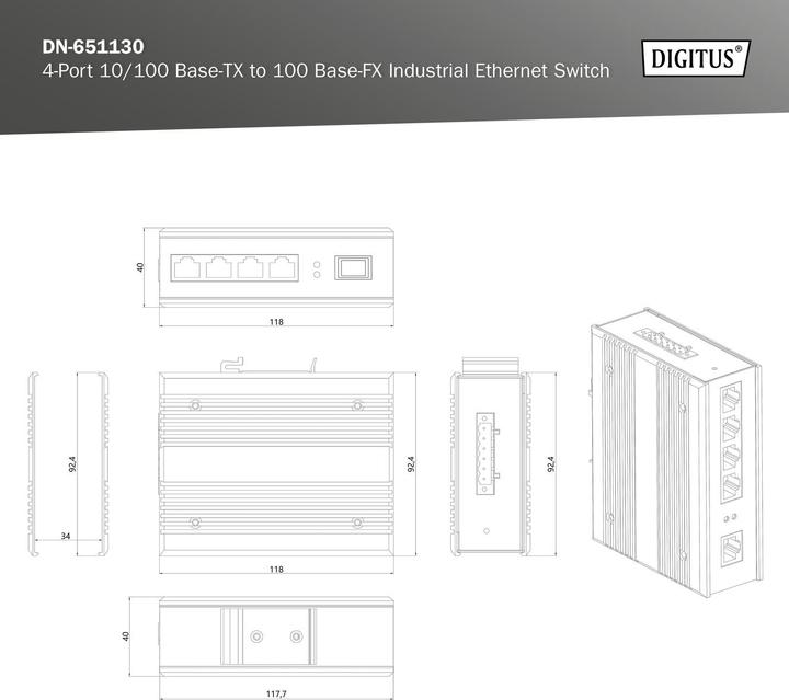 Actual product image Digitus 4-Port 10/100Base-TX to 100Base-FX Industrial Ethernet Switch (4 Ports)