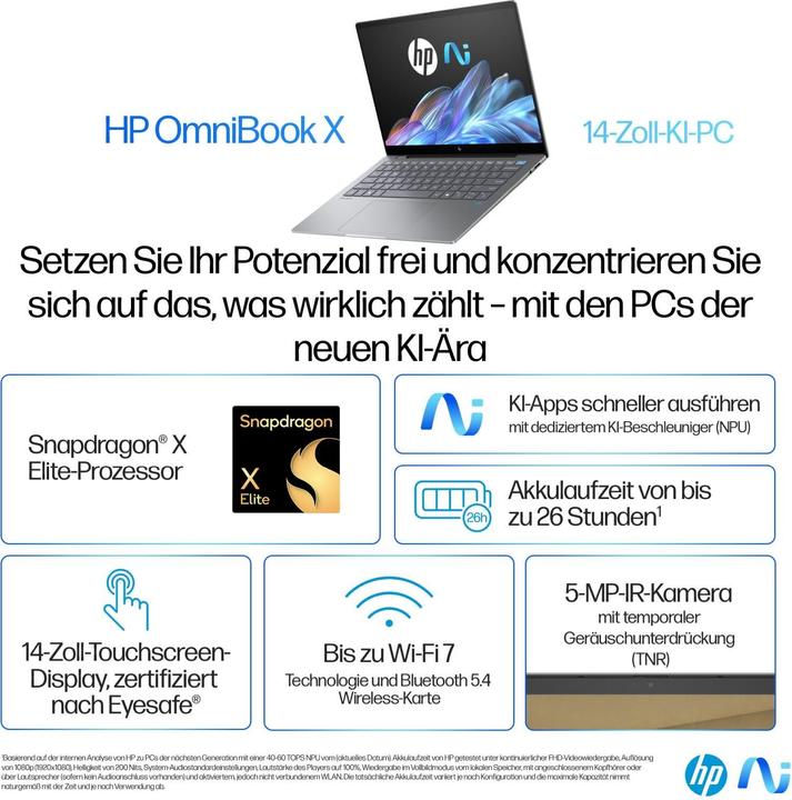 Actual product image HP OmniBook X AI 14-fe0165ng (14", Snapdragon X Elite X1E-78-100, 16 GB, 1000 GB, DE)