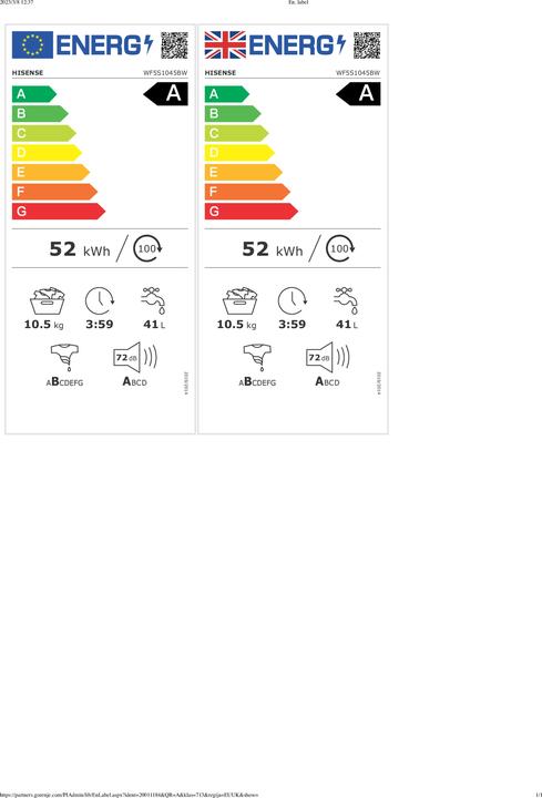 Energie-Label Hisense WF5S1045BW (10 kg, Links)