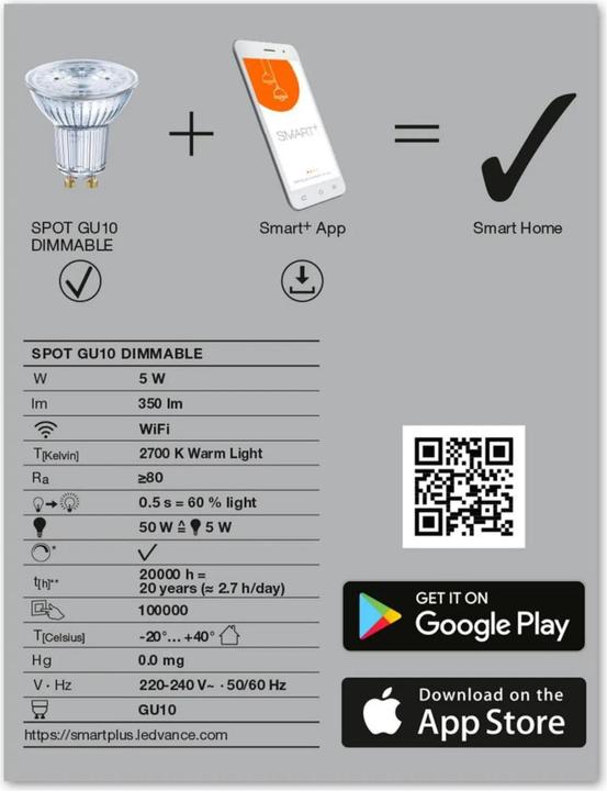 Image du produit Ledvance Smart+ Wifi Spot (GU10, 5 W, 350 lm, 1 x, G)