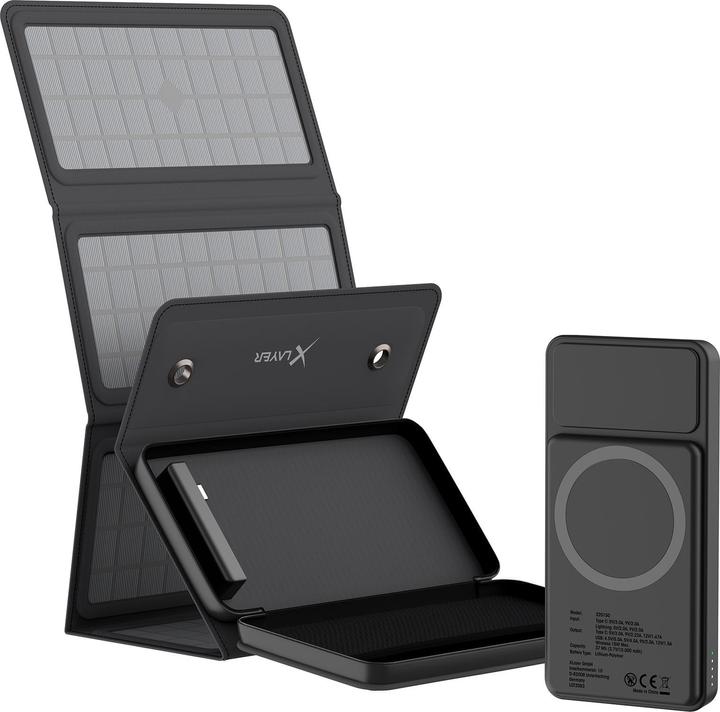 Produktbild Xlayer Kabellose Powerbank 10.000mAh 15W Schwarz mit Solarpanel (10000 mAh, 15 W, 37 Wh)