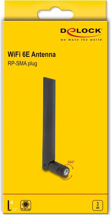 Actual product image Delock WiFi 6E antenna RP-SMA connector 3 dBi omnidirectional with tilt joint black (Wi-Fi)