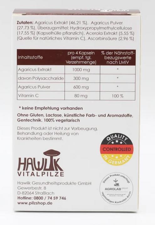 Nährwerte und Zutaten Hawlik Agaricus Extrakt + Pulver Kapsel (60 Stück, Kapseln, 57 g)