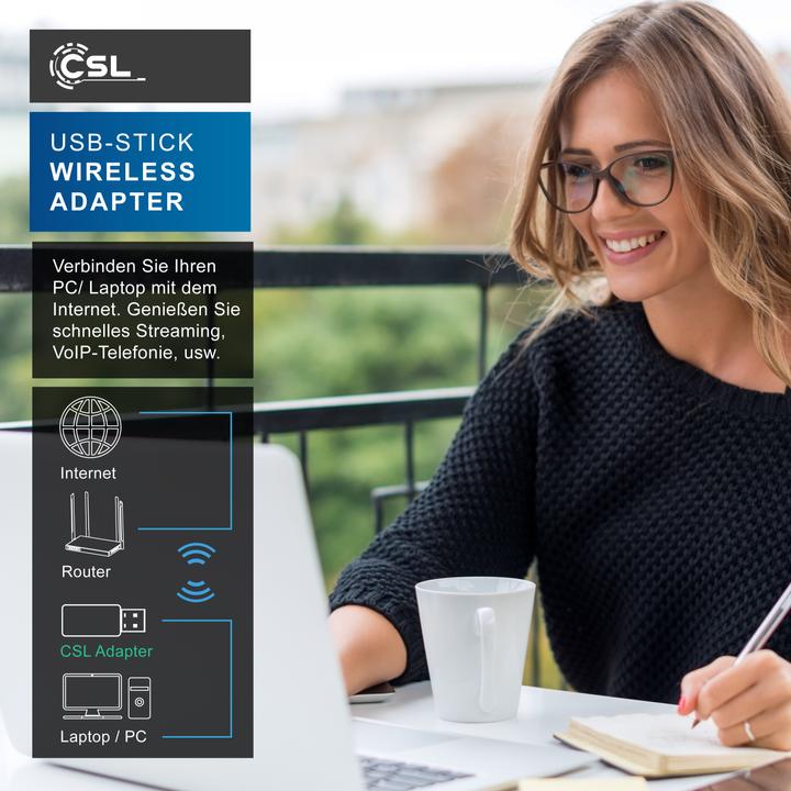 Actual product image CSL WLAN dongle, 300 Mbit/s USB stick WiFi adapter 2.4 Ghz 2T2R, gain 18 dBm, WEP WPA WPA2 (USB 2.0)