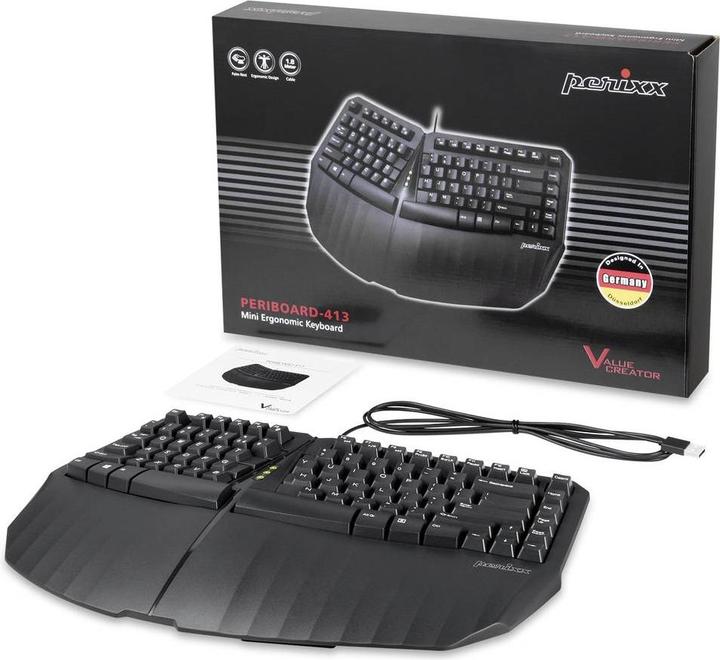 Immagine prodotto Perixx PERIBOARD 413 DE B, mini tastiera ergonomica, nera (DE, Cablato)