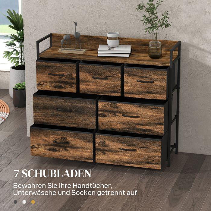 Produktbild Swisshandel24 Kommode, Sideboard mit 7 Stoffschubladen, Industrial Design, Stahlrahmen, 98x29x85cm, Braun/Schwarz