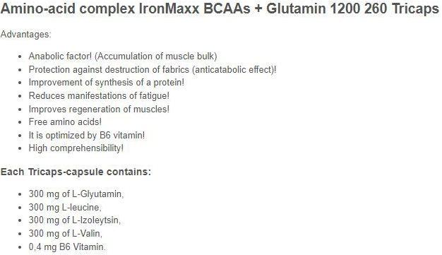Nährwerte und Zutaten IronMaxx BCAAs und Glutamin 1200 (260 Stück, Kapseln, 357 g)