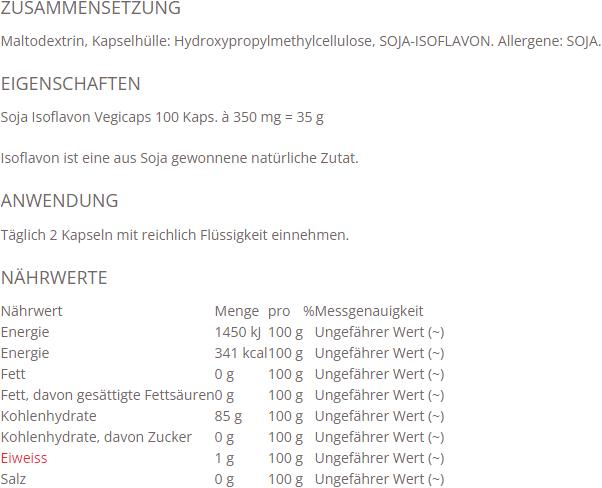 Valori nutrizionali e ingredienti Morga Isoflavone di soia Vegicaps (100 Pezzo/i, Pillole, 64 g)