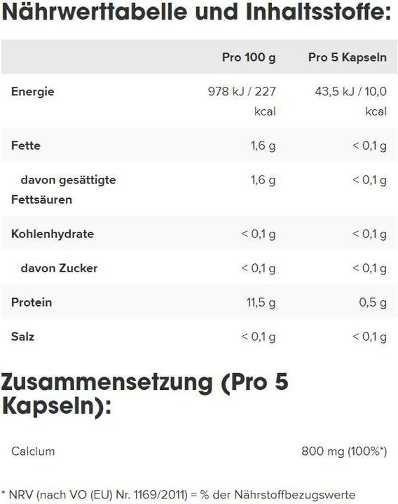 Nutritional values and ingredients IronMaxx Calcium Bioactive (130 Piece, Capsules, 500 g)
