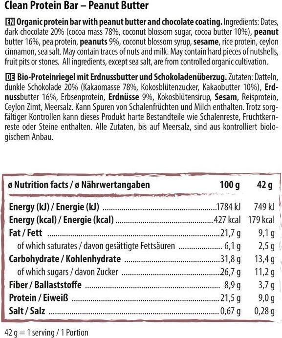 Valori nutrizionali e ingredienti Naturally Pam Barretta proteica pulita (Burro di Arachidi, 12 pz., 600 g)