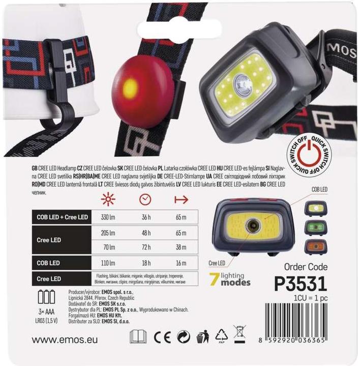Image du produit Emos CREE LED + COB LED Lampe frontale P3531, 330 lm, 65 m, pour 3x AAA (330 lm)