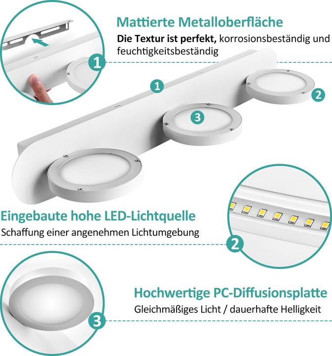 Produktbild Emke Spiegelleuchte mit 3 Quellen, Wandleuchte, NeutralWeiss(4200K), Weiss (975 lm)