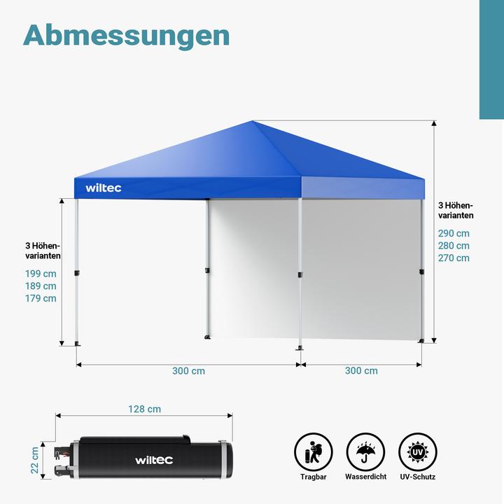 Produktbild Wiltec Faltpavillon 3x3m blau Räder Gartenpavillon Partyzelt Pavillon Camping (300 cm, 300 cm)