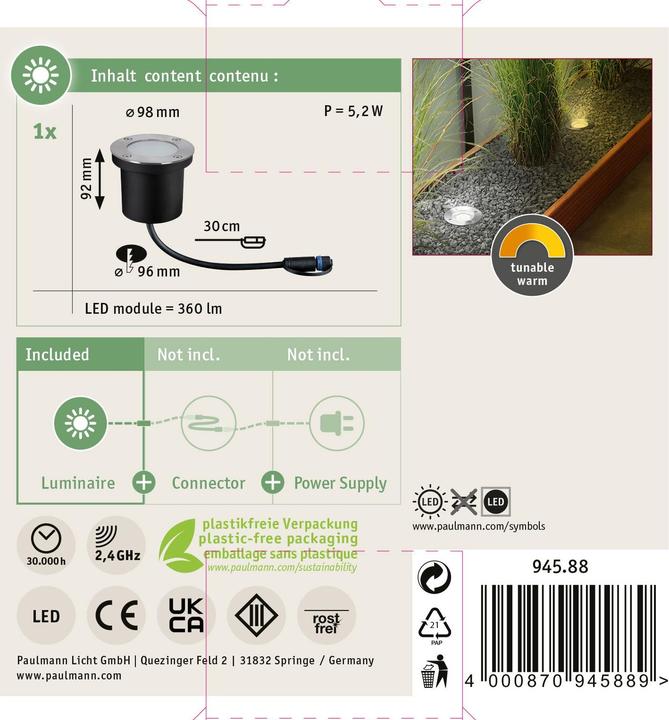 Image du produit Paulmann Outdoor Plug & Shine Bodeneinbauleuchte (250 lm, IP65)