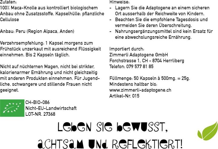 Nährwerte und Zutaten Zimmerli Adaptogene Maca Kapseln (BIO) 50 Kapseln (1 Stück, Kapseln, 25 g)
