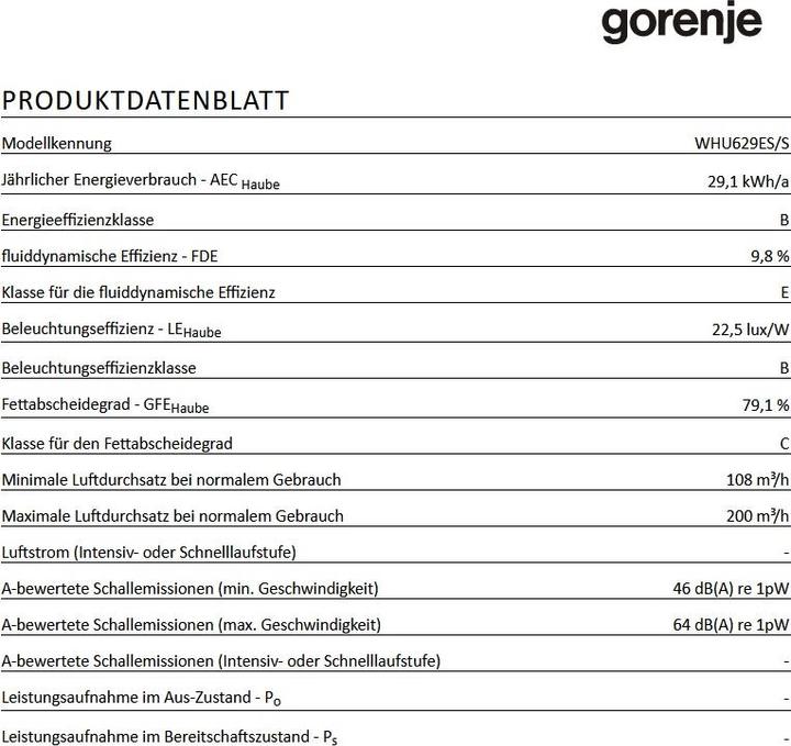 Nährwerte und Zutaten Gorenje WHU 629 ES/S (Unterbauhaube)