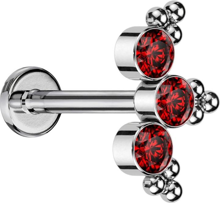 Image du produit Star Piercing Micro Threadless Labret argent triangulaire boules trois cristaux rouge (sans laiton, Titane G23)