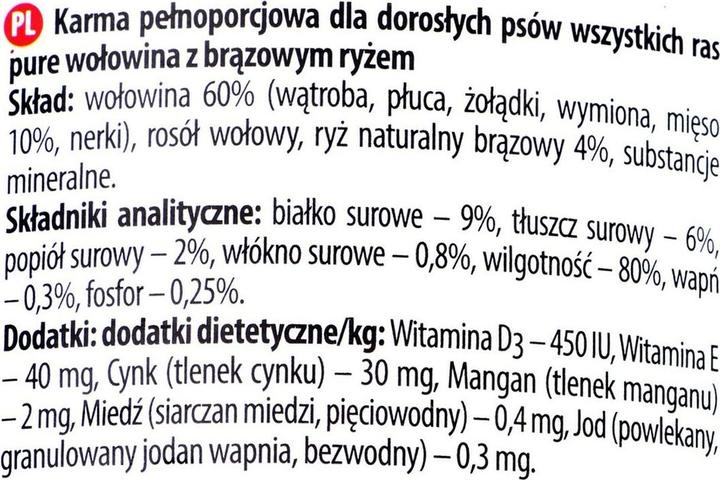 Nutritional values and ingredients Dolina noteci Premium Pure Rich Beef with Brown Rice - Wet Dog Food - 400g (Adult, 1 pcs., 400 g)