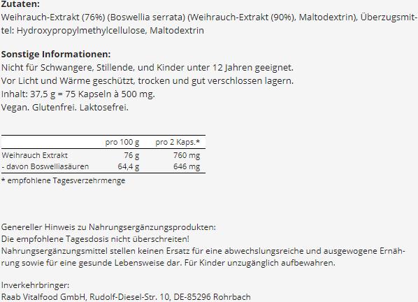 Valeurs nutritives et ingrédients Raab Weihrauch Extrakt (75 pièce(s), Capsules, 37.50 g)