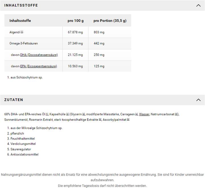 Nutritional values and ingredients Raab Algenöl Omega-3 mit DHA und EPA (30 Piece, Capsules, 35.50 g)