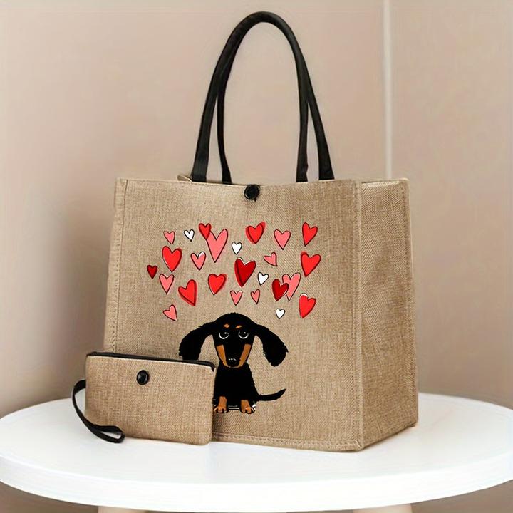 Produktbild Only-Bags.Store 2 Stück Hundedruck Canvas Tote Bags - Leichte Reise- und Strandtaschen mit Schnallenverschluss