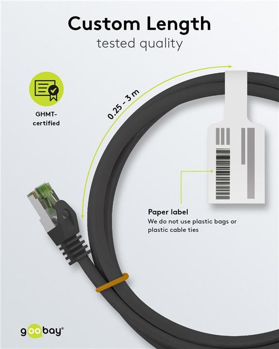 Actual product image Goobay GHMT-certified CAT 8.1 patch cable, S/FTP PiMF, 1 m, grey, set of 10 (S/FTP, CAT8.1, 1 m)