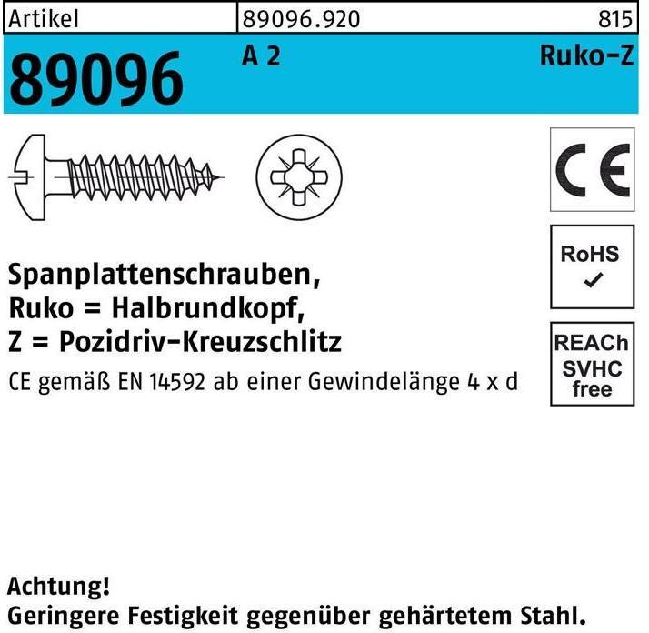 Image du produit Vis pour panneaux d'aggloméré R 89096 HAKO cruciforme PZ 4 x 25 -Z A 2 (1000 Vis par pièce)