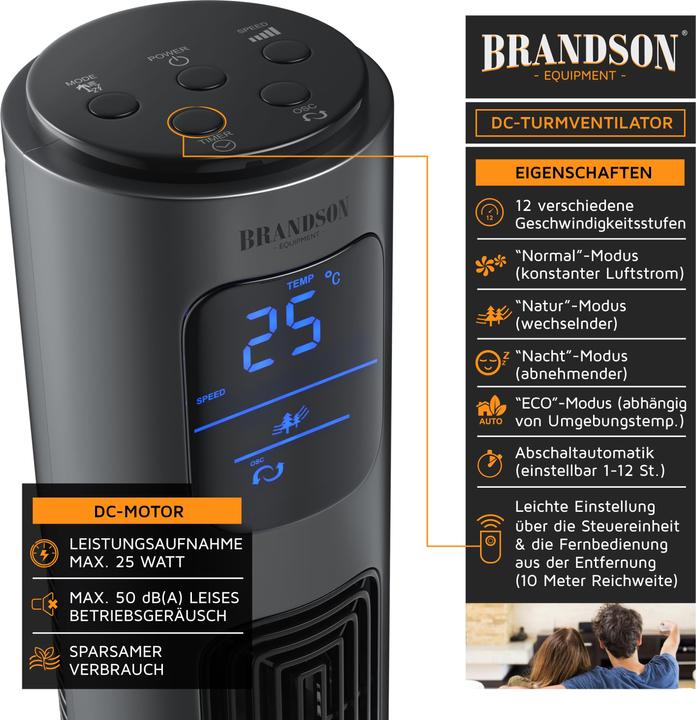 Image du produit Brandson Ventilateur de tour, DC, silencieux et efficace, 12 vitesses, minuterie, oscillation, télécommande (50 dB)