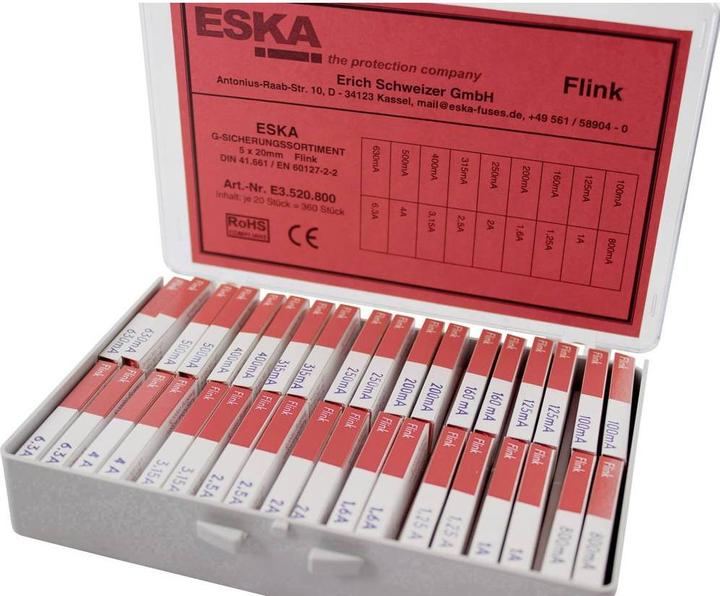 Immagine prodotto ESKA E3520800 Assortimento di fusibili a filo sottile (Ø x L) 5 mm x 20 mm Flink -F- Contenuto 3 (Microfusibile, Agile)