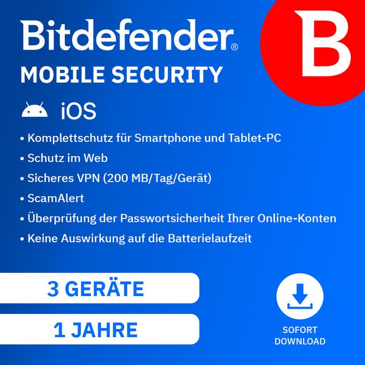Bitdefender Mobile Security Download Code (1 User, 3 Geräte/User, 12 Monate)