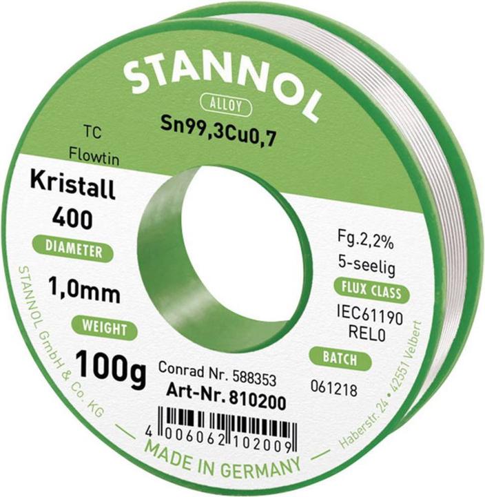 Immagine prodotto Stannol Saldatura Flowtin TC, bobina senza piombo Sn99.3Cu0.7 REL0 100 g 1 mm (Kit bobina di saldatura)