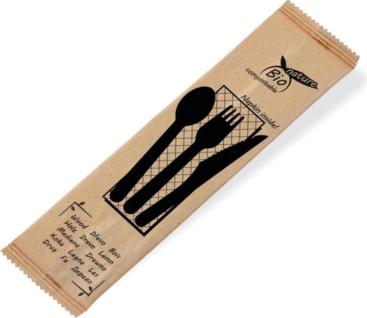 Immagine prodotto Wimex.eu Besteckset aus Holz Messer-Gabel-Löffel+Serviette - 50 Stück (50 x)
