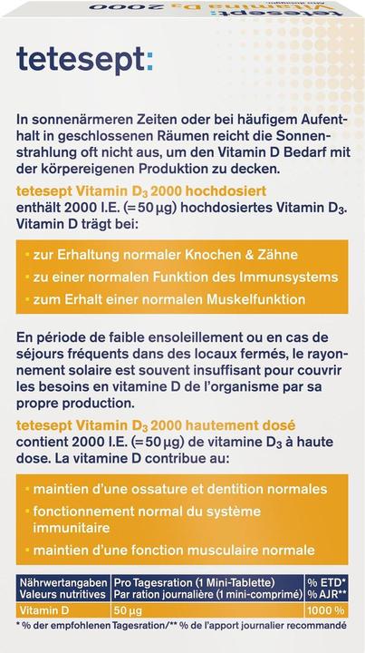 Nutritional values and ingredients Tetesept Vitamin D3 2000 (60 Piece, Pills, 37 g)